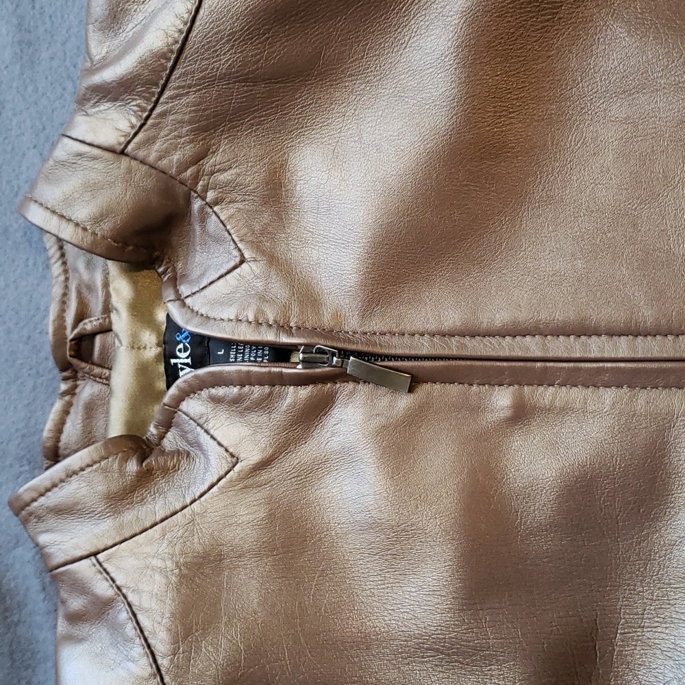 Women's BROZE/GOLD LEATHER JACKET! PRISTINE CONDITION! PETITE Large. Style & Co